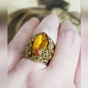Vintage gold brass amber oval filigree lace textured ring Beautiful adjustable